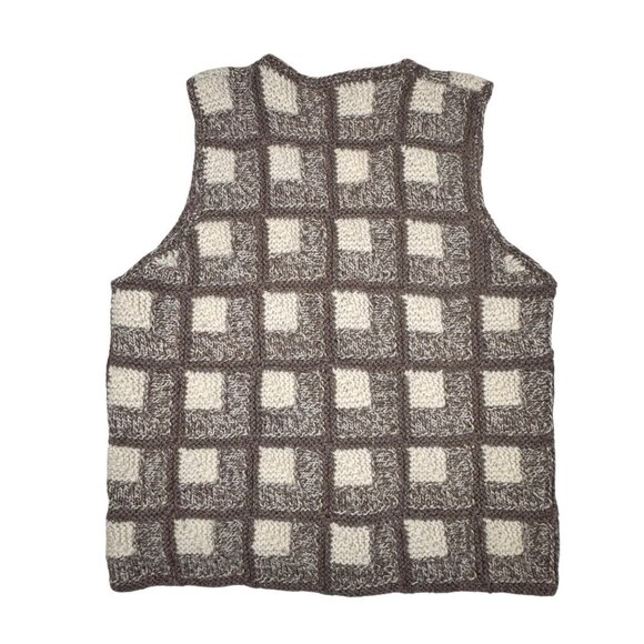 VTG Check Sweater Vest Sz.M Tan Cream Wool Hand Knit Cottage Academia Grandma - Picture 4 of 11
